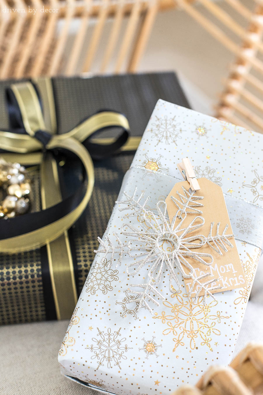 Love how this present's tag is clipped on with a mini clothespin! One of the many easy gift wrapping ideas I loved in this post!