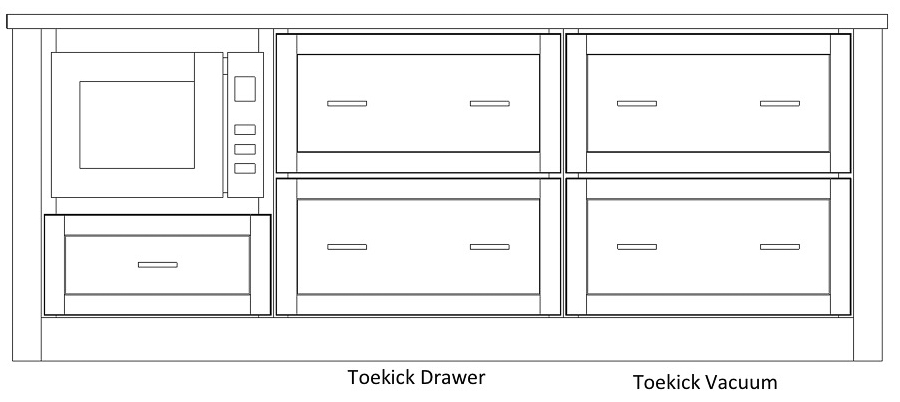 Layout of kitchen island with microwave drawers, deep storage drawers, and toekick storage and vacuum