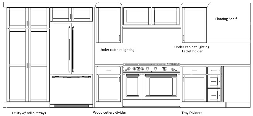 Kitchen cabinet plans with pantry, refrigerator, and range.