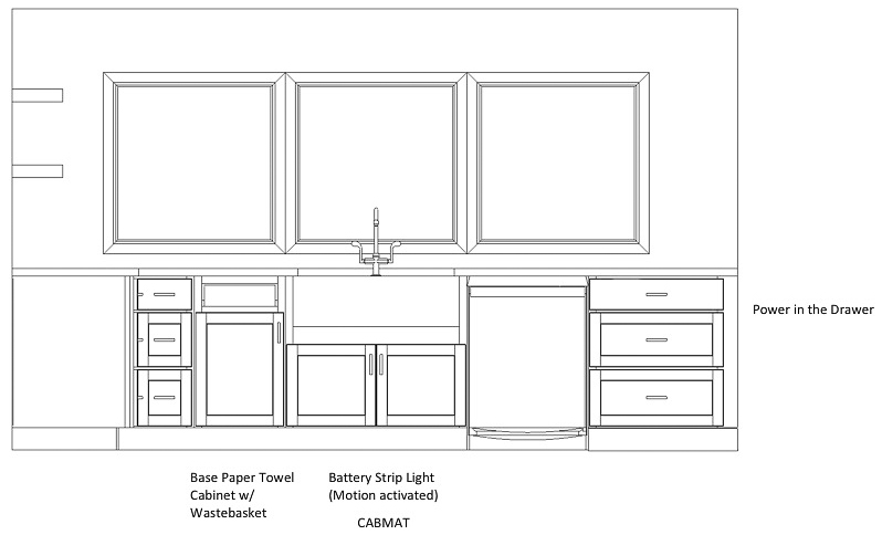 Kitchen cabinet layout with sink, trash can, & dishwasher