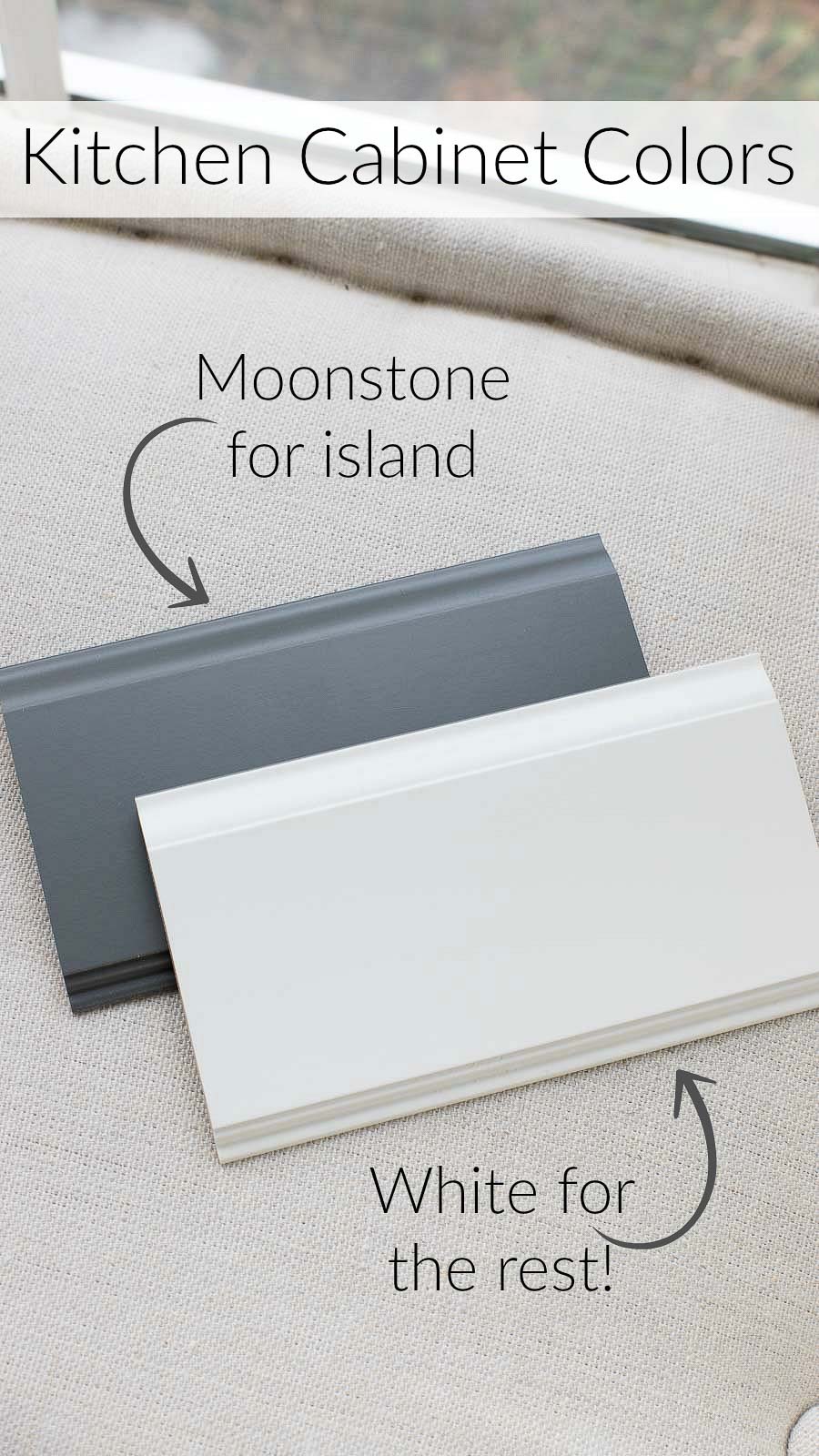 Love these kitchen cabinet paint colors!! Moonstone for island and White for the rest (Masterbrand Diamond cabinets)