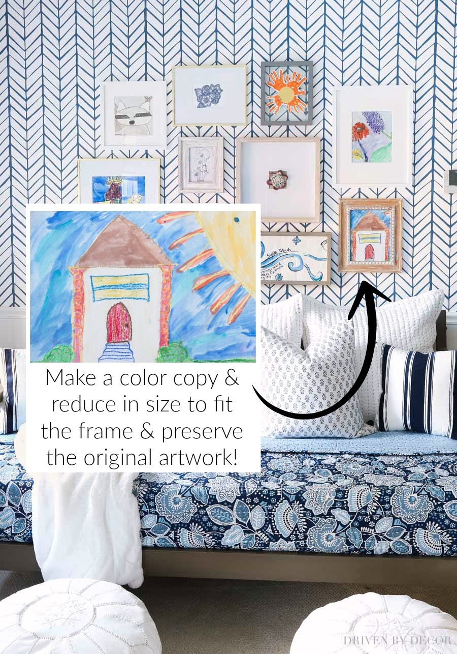 Great tips and ideas for using your child's artwork to create an inexpensive gallery wall!