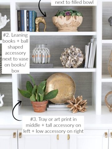 Great post with formulas for how to style your shelves beautifully! So easy!