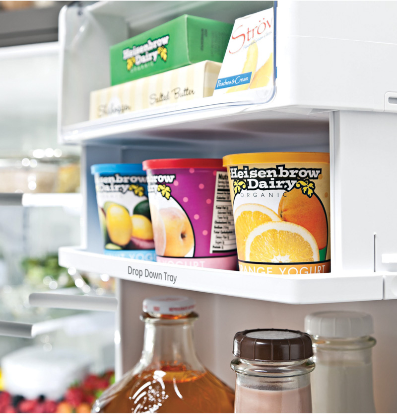 Awesome refrigerator feature - drop down tray in door of Monogram refrigerator. So smart!