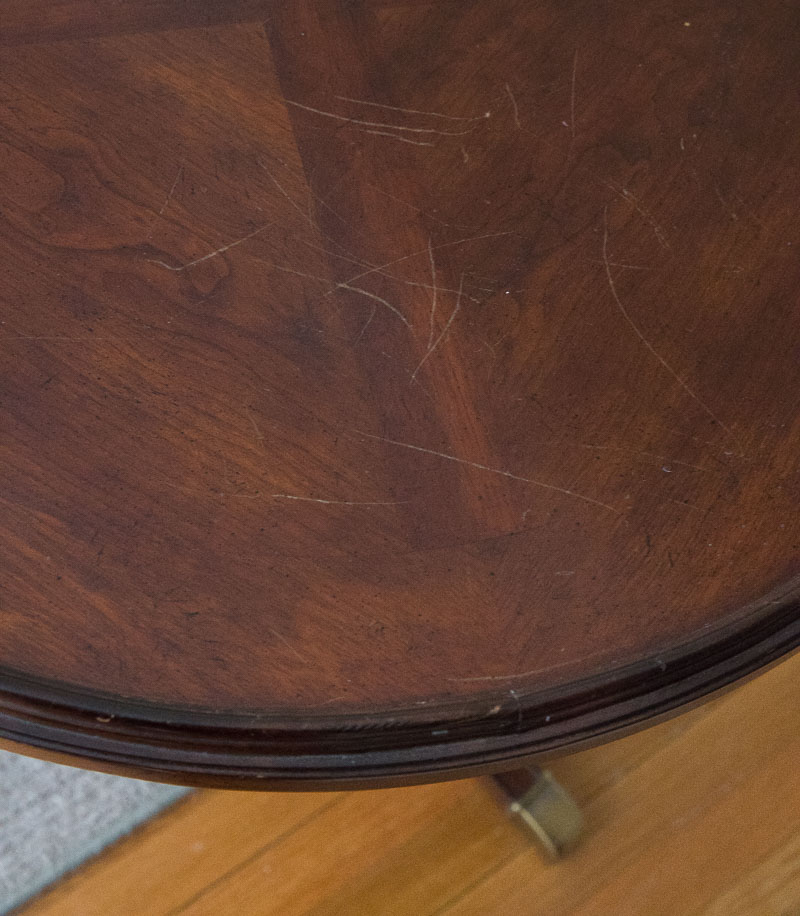 The "before" - scratches on table to fix with refinishing