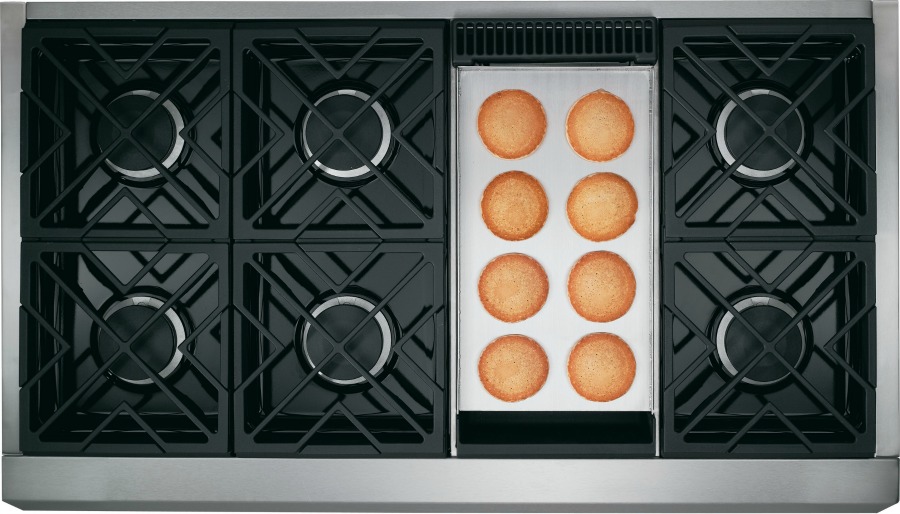 48" Monogram range with six burners and griddle (that can also be replaced with a grill!)