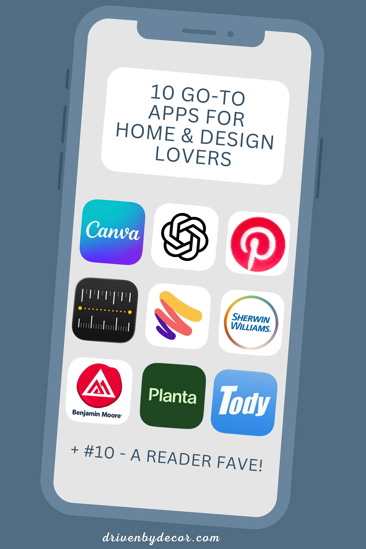 Phone with 10 apps showing the best interior design apps