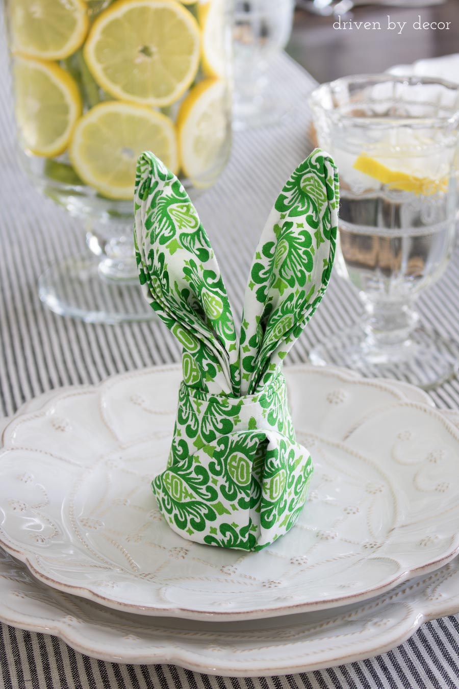 The cutest, simplest table decorations for Easter - napkins folded into the shape of bunny ears!