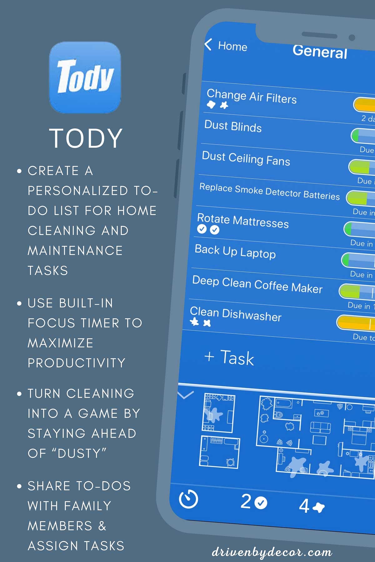 Screenshot and features of the TODY cleaning app