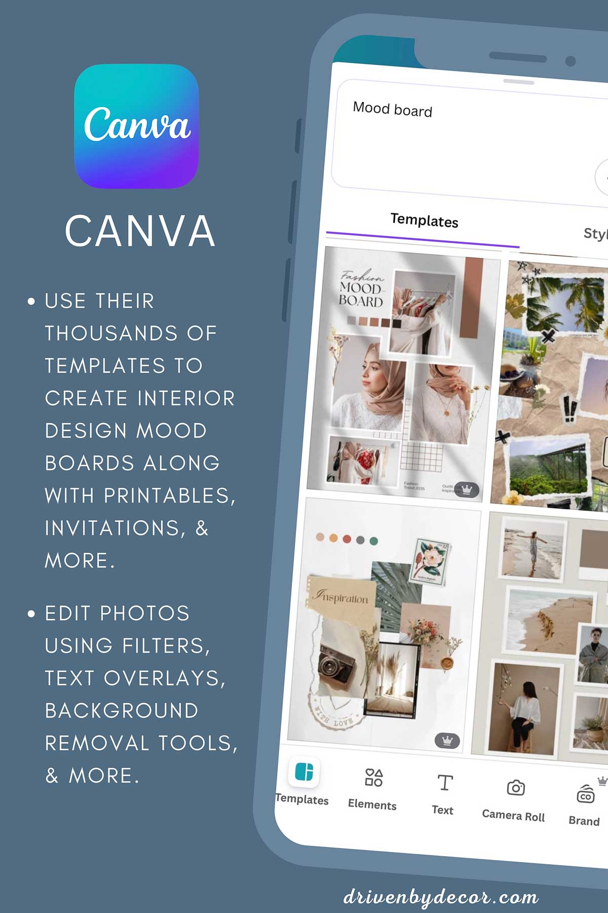 Features of the Canva app, including mood board templates