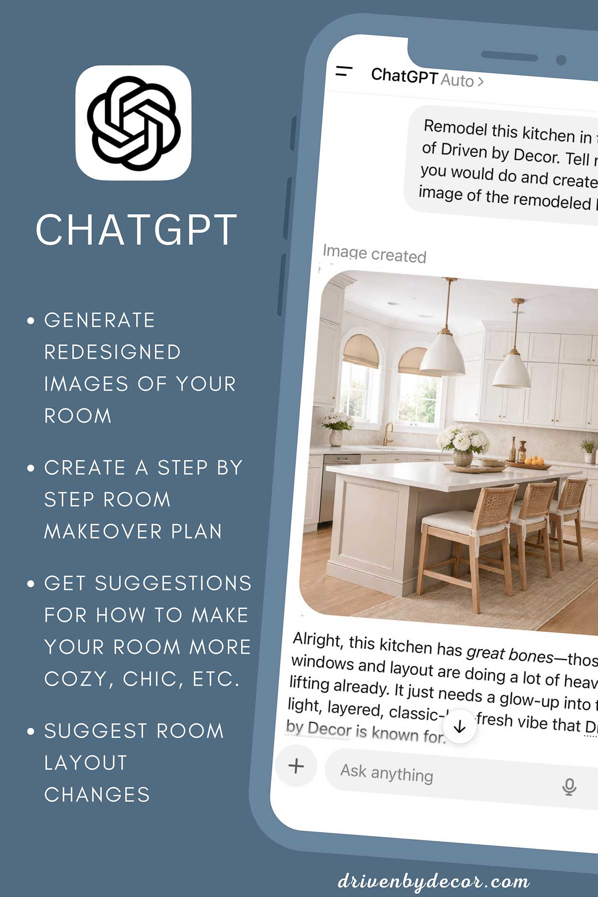 Image of phone showing how ChatGPT was used to show a remodeled room