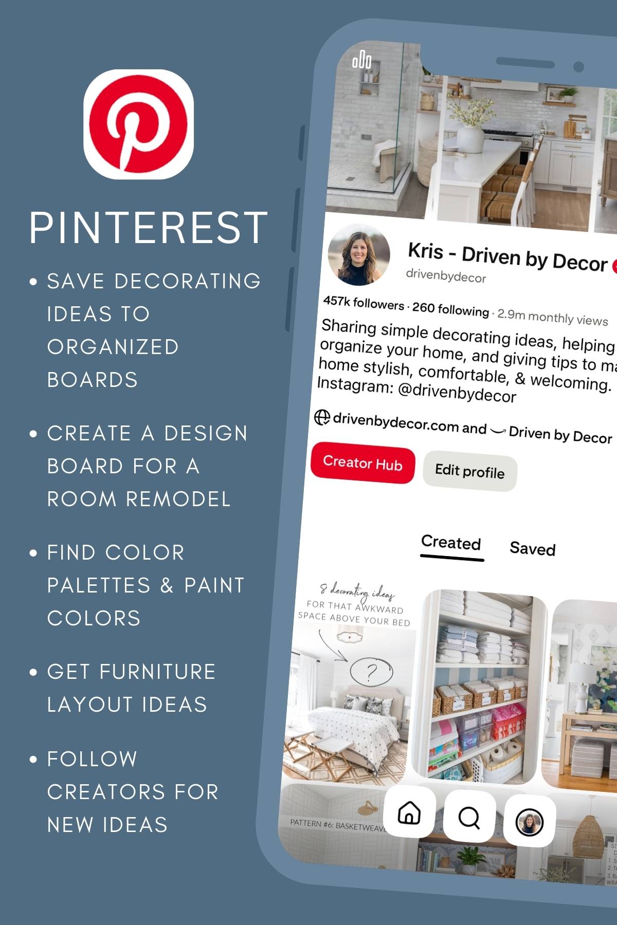 List of features of Pinterest app for interior design