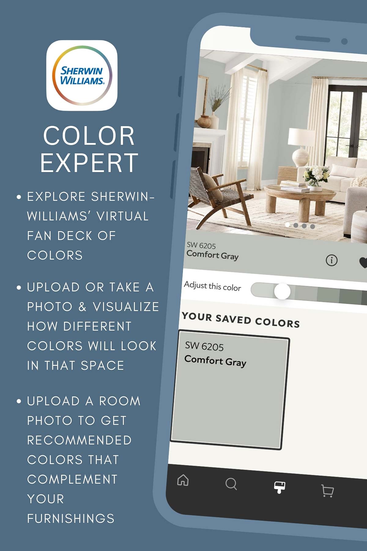 Show feature of sampling paint colors in a room on Sherwin-Williams app