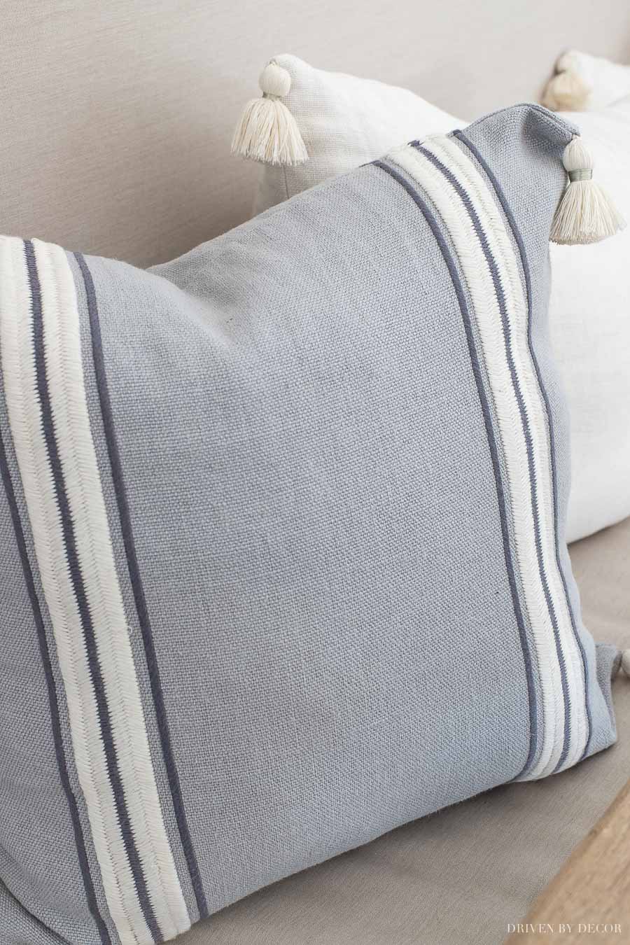 Gorgeous striped tassel end pillow covers in the prettiest shade of blue/gray - loving these for spring!