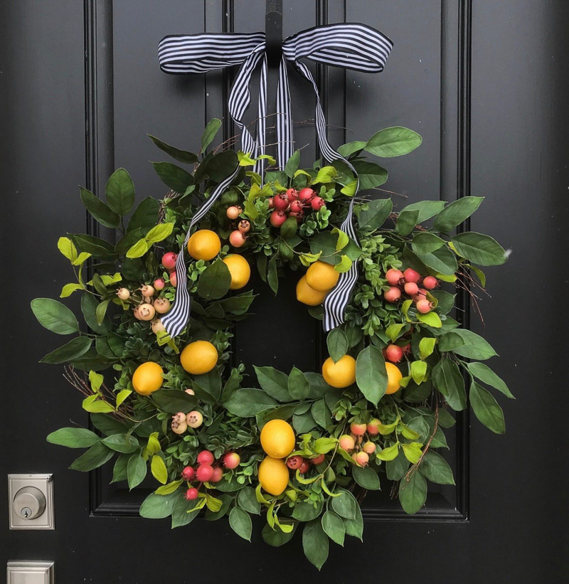 Gorgeous spring front door wreath with faux lemons and crabapples - love!