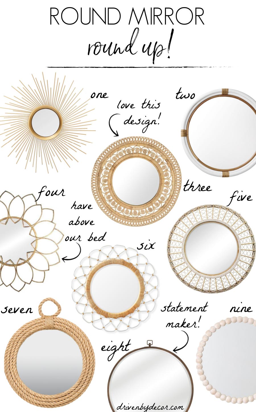 LOVE all of these round mirrors - wood mirrors, brass, rattan, and more!