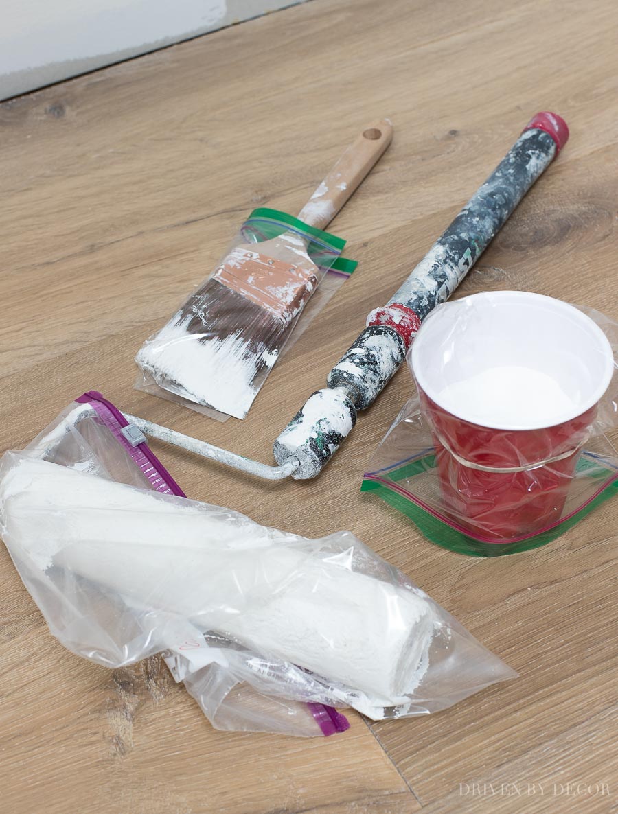 So smart for storing your paint roller and brushes for the next day! Loving this tip and all of the other time-saving painting tips in this post!