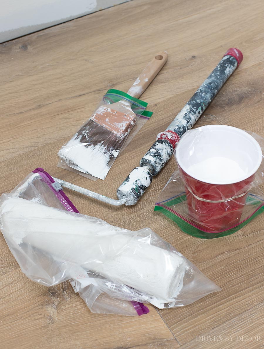 So smart for storing your paint roller and brushes for the next day! Loving this tip and all of the other time-saving painting tips in this post!