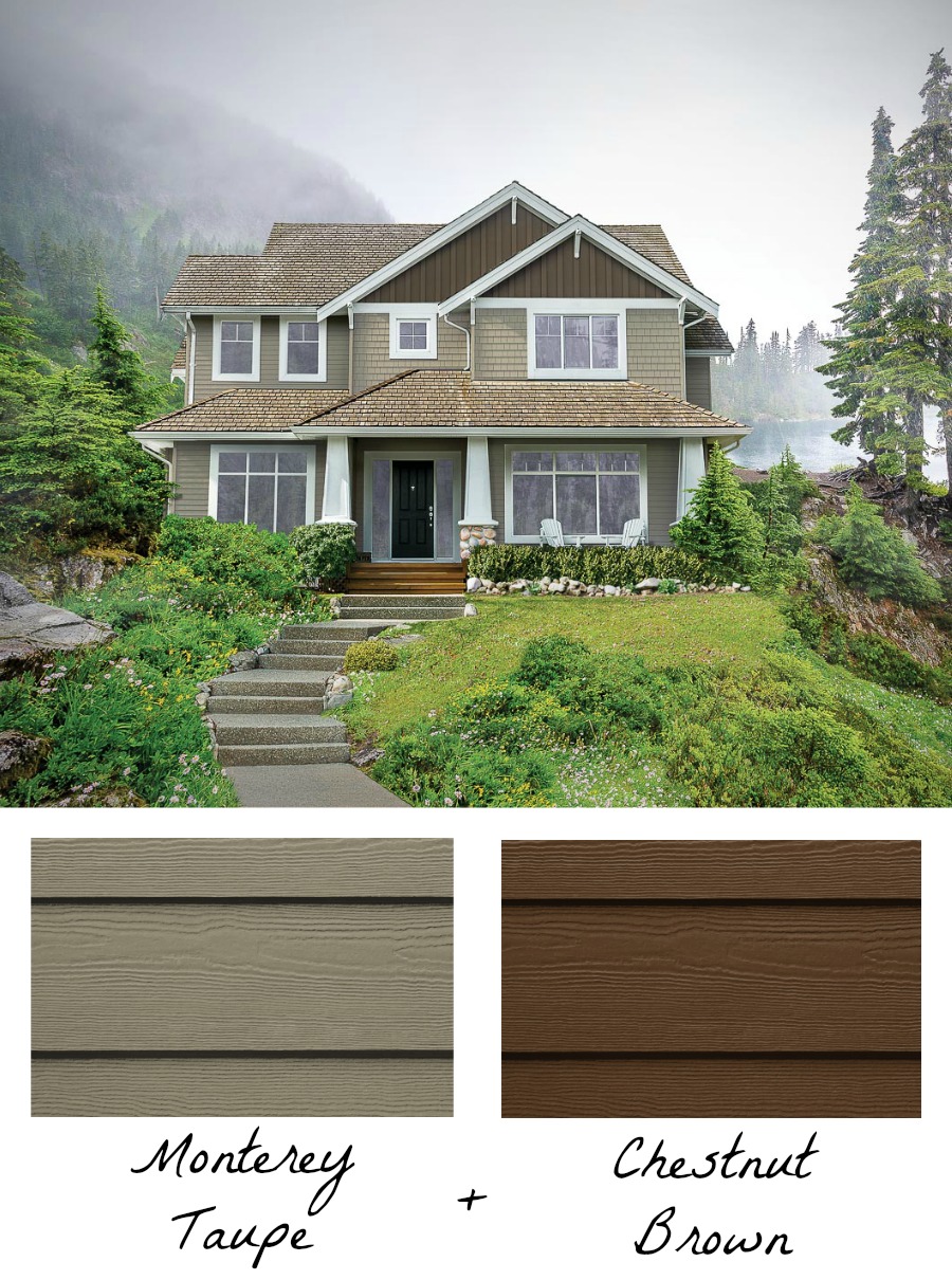 Gorgeous! Two shades of siding (HardiePlank & HardieShingle in Monterey Taupe and HardiePanel & HardieTrim in Chestnut Brown) is a great home exterior color combination!