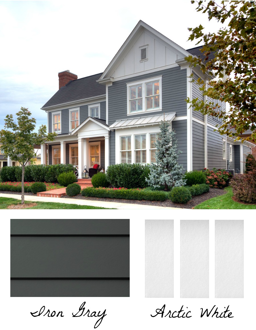 Gorgeous exterior home color combination of iron gray HardiePlank and Arctic White HardieTrim Batten Boards and Vertical Siding