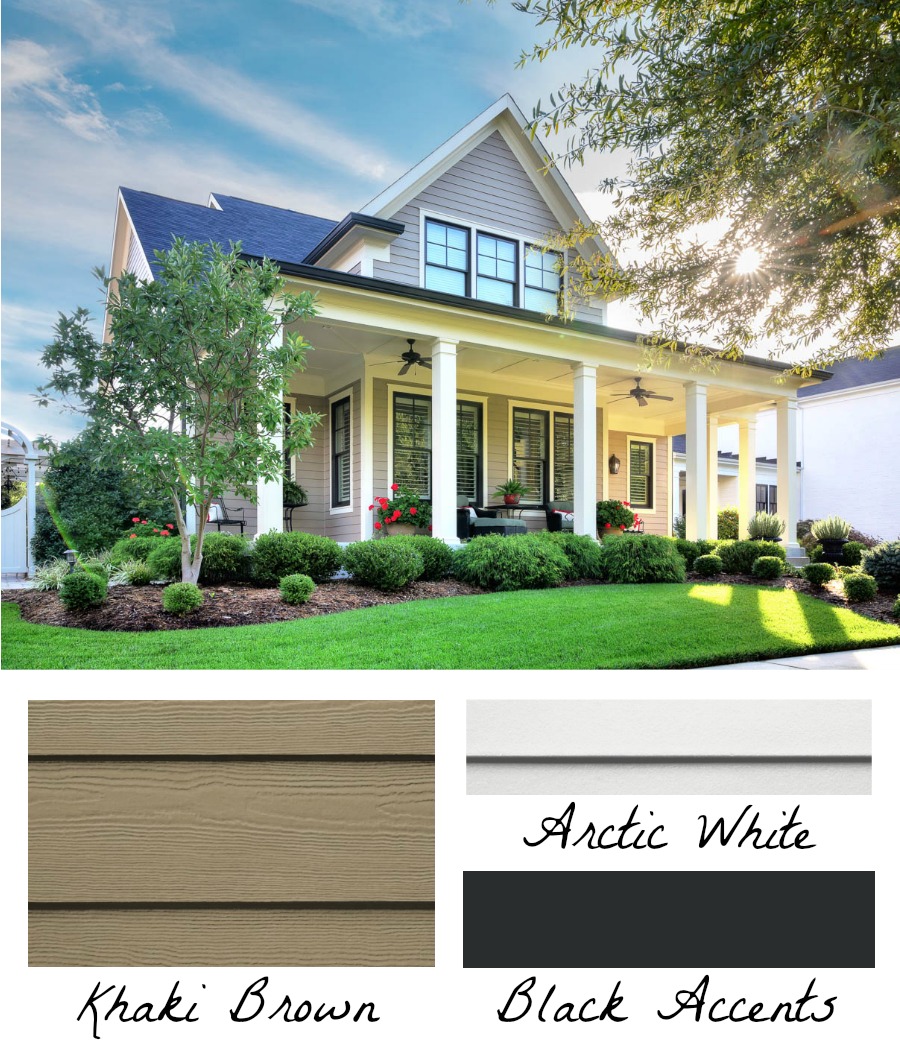 Totally saving this exterior home color idea - use both black and white trim! Looks gorgeous with the Khaki Brown HardiePlank!