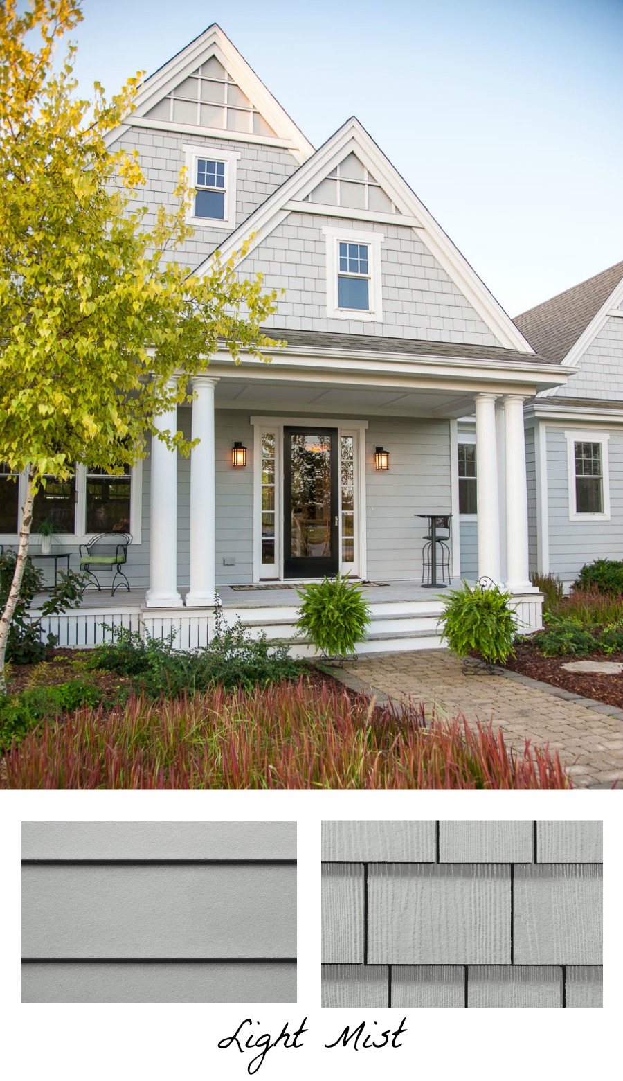 Love the idea of using one exterior color but two different types of siding for my home's exterior like this Light Mist HardiePlank and HardieShingle Siding!