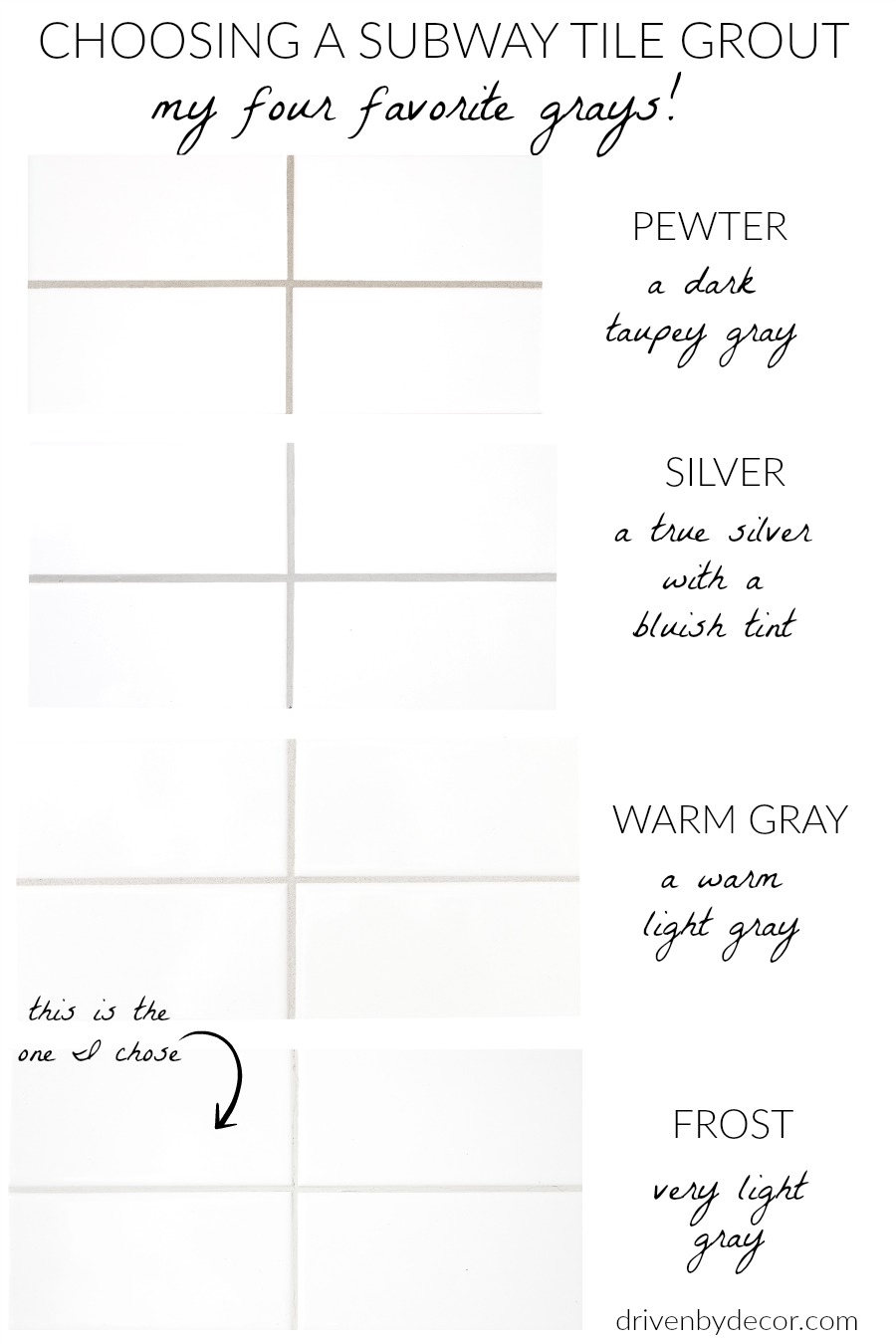 White subway tile with gray grout - my favorite grays to choose from