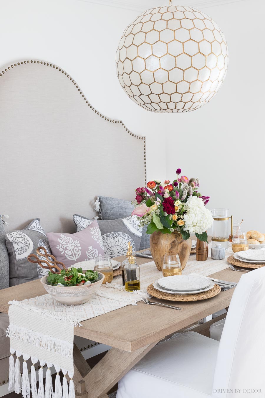 Gorgeous lighting for over a kitchen table! Capiz honeycomb pendant - source linked in post!