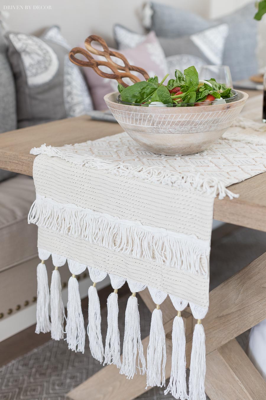 Gorgeous textured table runner with fringed ends!