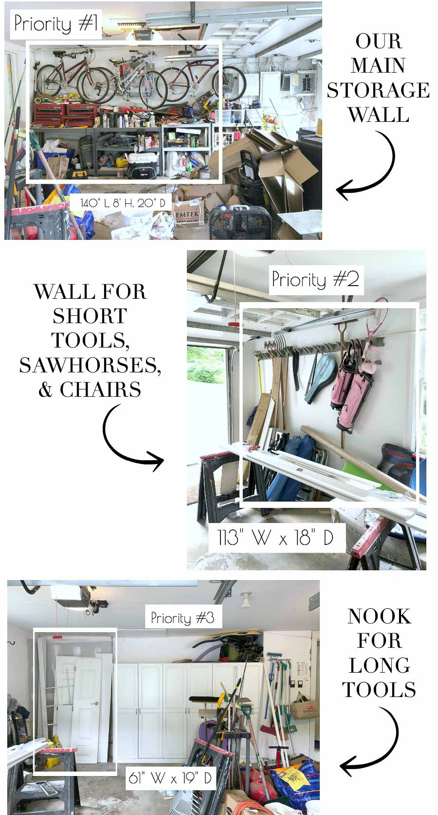 Steps in organizing our garage - taking measurements of wall spaces for new Elfa systems!