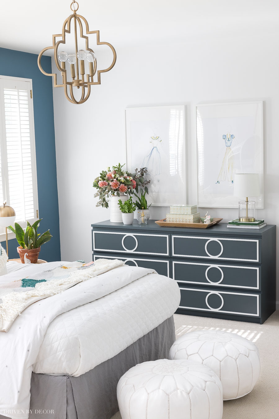 A basic IKEA Malm dresser painted and dressed up with overlays to look like a brand new furniture piece!