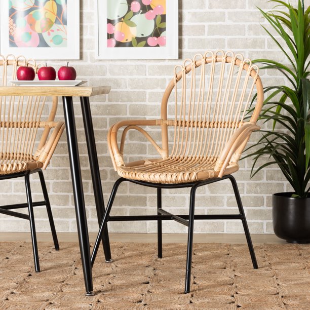 Rattan dining chair with black metal base