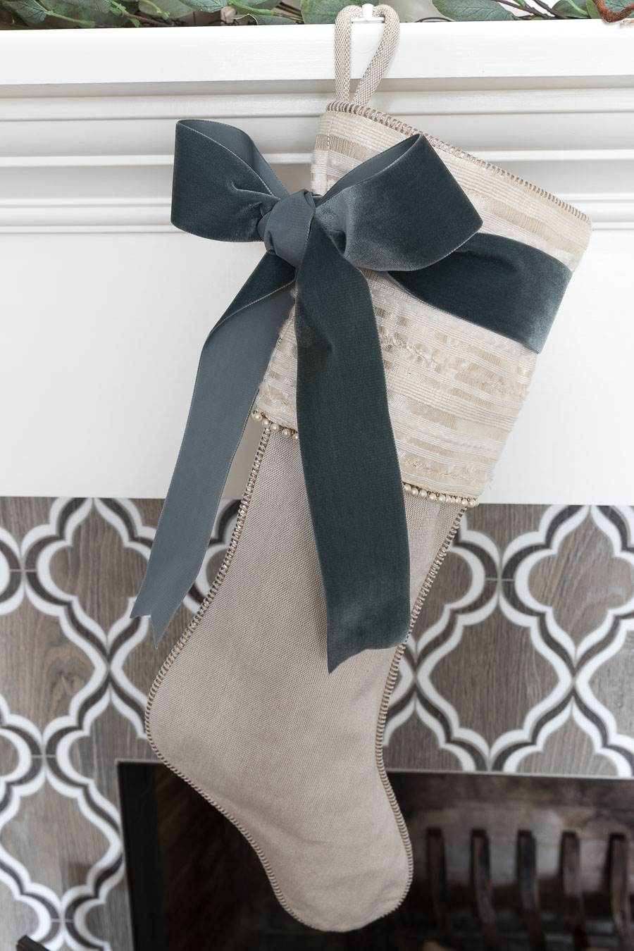 Gorgeous gray velvet ribbon dresses up these stockings for Christmas!