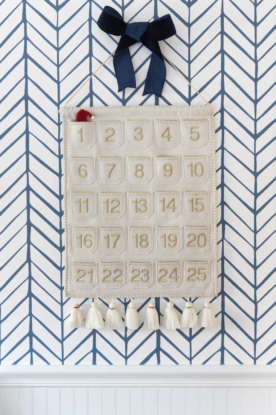 Gorgeous navy velvet ribbon for hiding the hanger of our advent calendar!