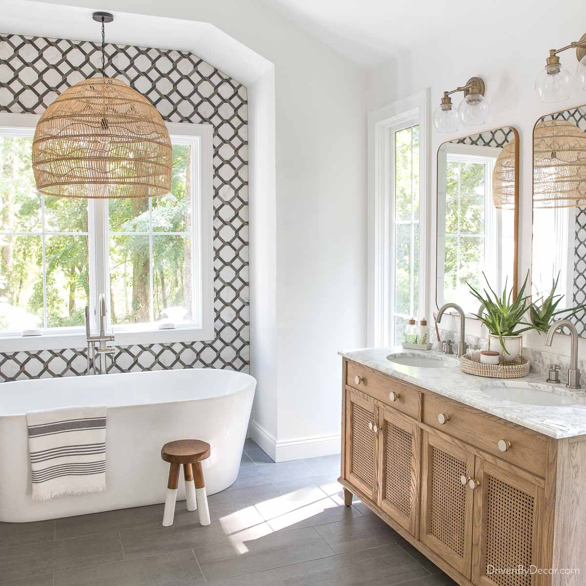 Large rattan pendant over bathtub