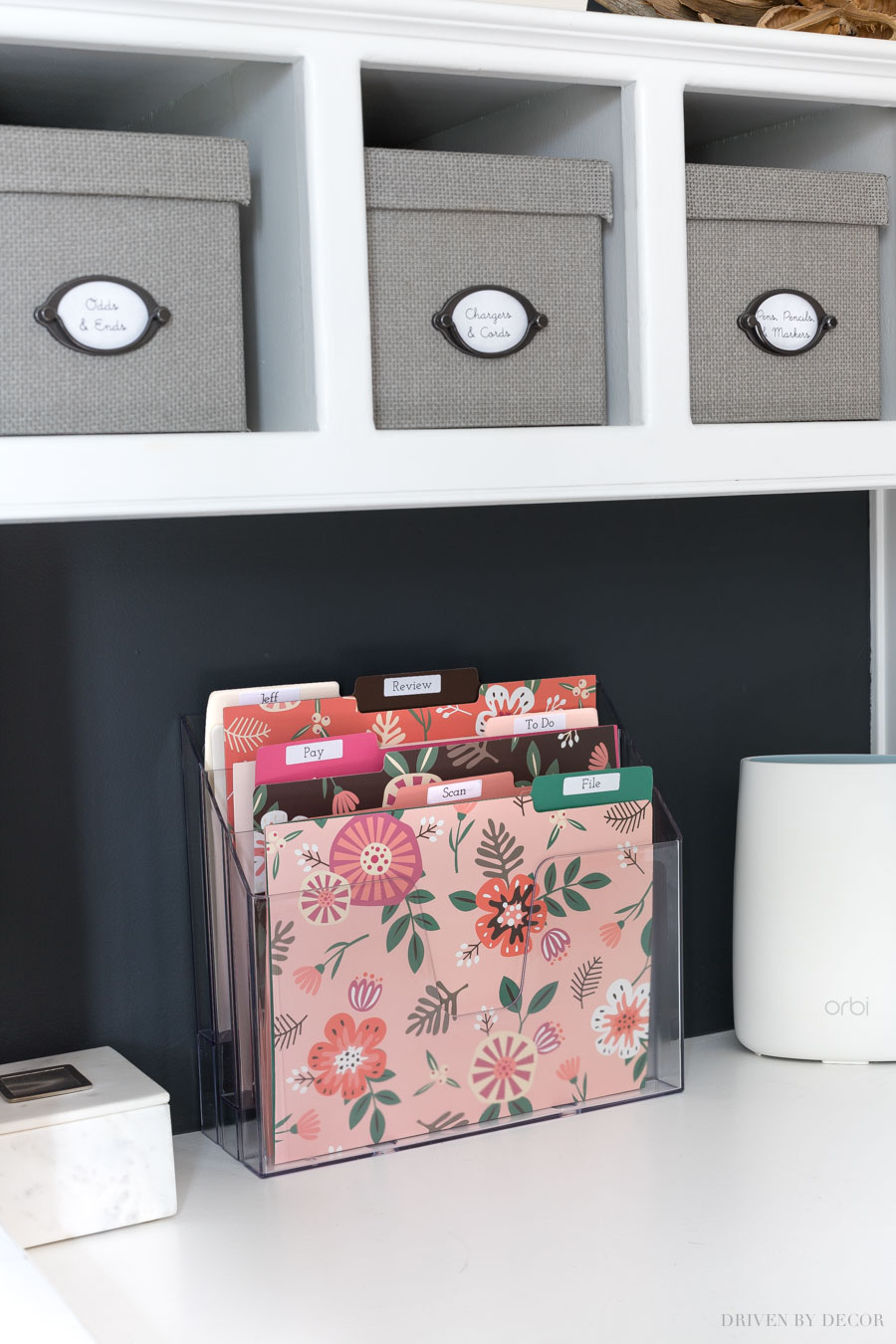 A simple desktop mail organizer with labeled files - so smart as part of a home mail organizing station!