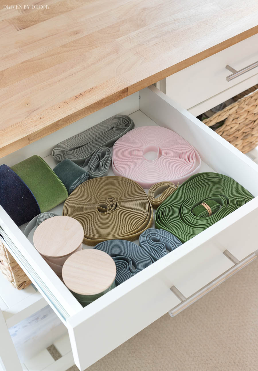 Love this gift wrapping station with drawers for holding things like ribbon, tape, and tags!