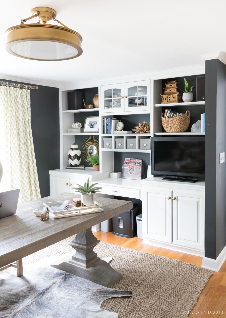 Our home office with a home mail organizer station in the built-ins - makes organizing and sorting mail simple so you have NO MORE mail piles!!