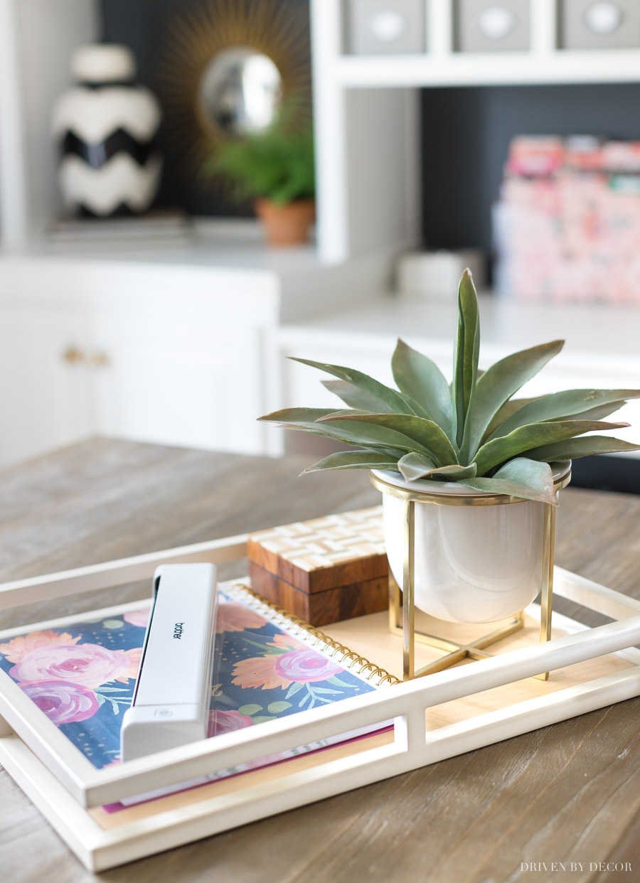 Love this tray to corral office accessories (and the planter is super cute too!)