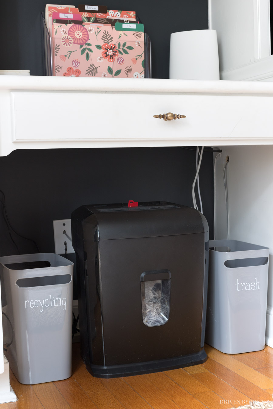 Our home mail organizer station! A desktop mail organizer with trash and recycling bins and paper shredder!