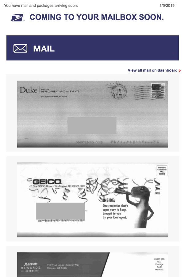 An example of USPS' Informed Delivery emails