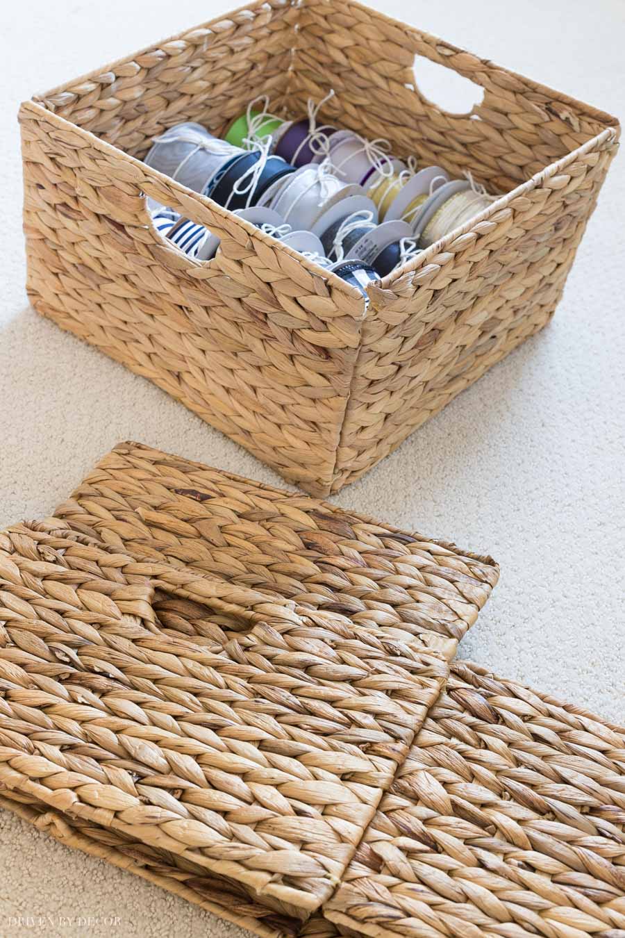 Woven baskets that fold for easy storage - so smart!