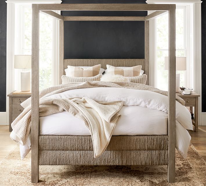 Gorgeous woven wood canopy bed - one of the 2019 design trends I love!