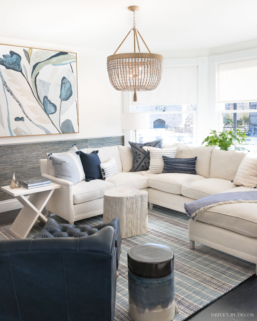 This blue and white living room is beyond gorgeous!! All furniture pieces and decor linked in the post!