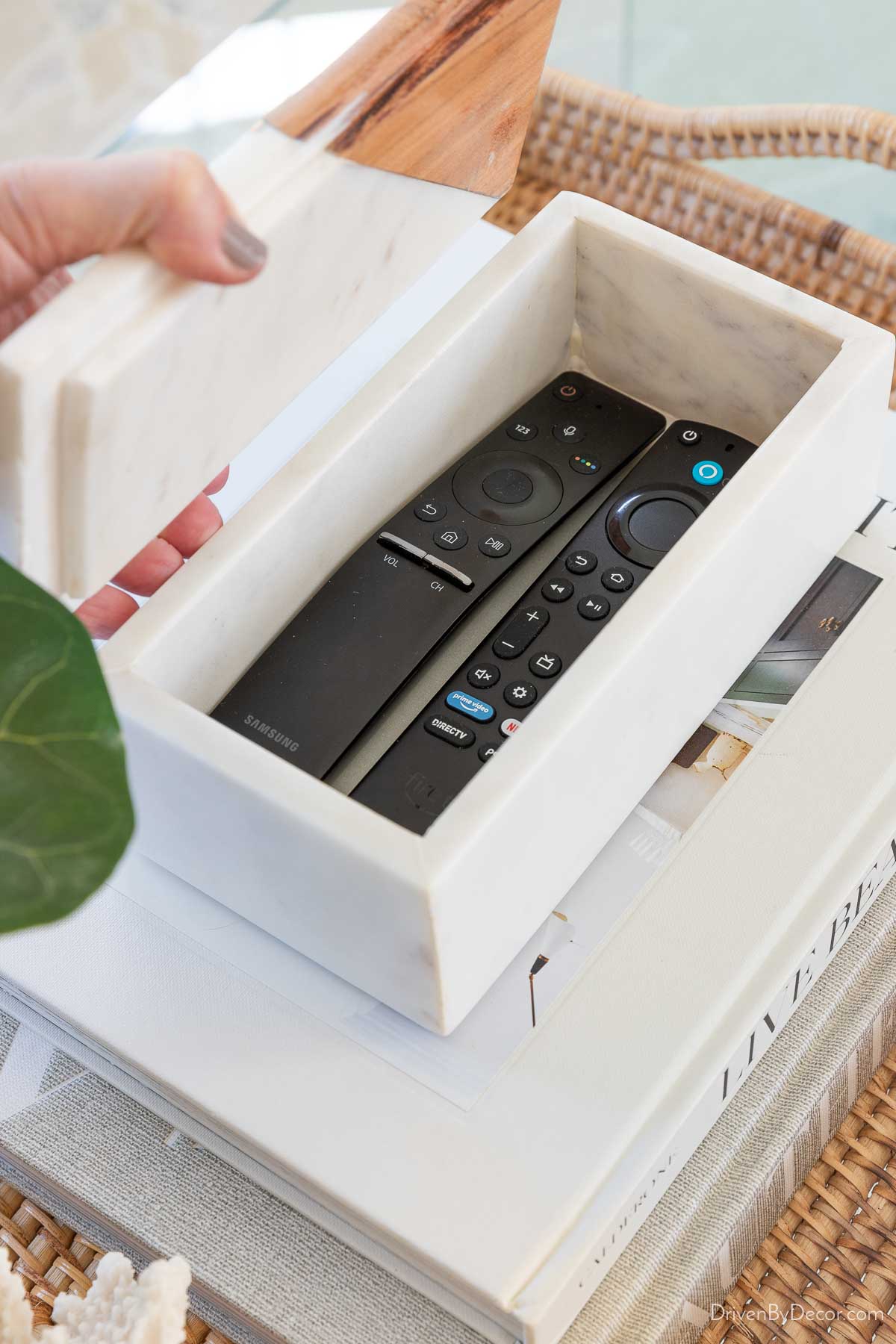 Remote controls stored in decorative marble box