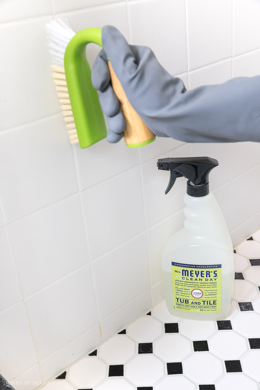 Love this brush for cleaning the shower! Hard bristles clean the grout and soft bristles clean the tile!