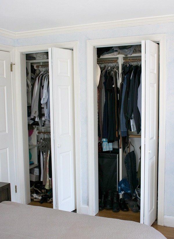 The "before" of our closet with twin bifold closet doors