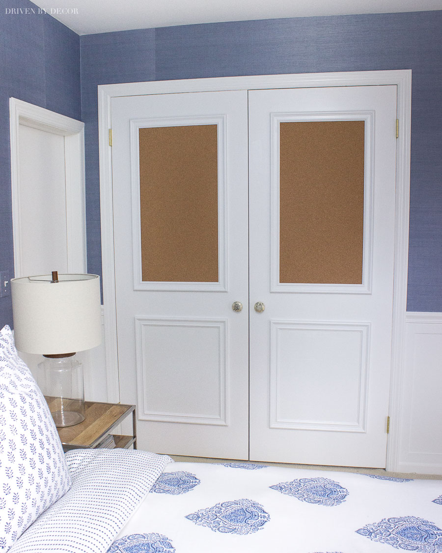 Such a fun idea for closet doors of adding molding and cork boards!