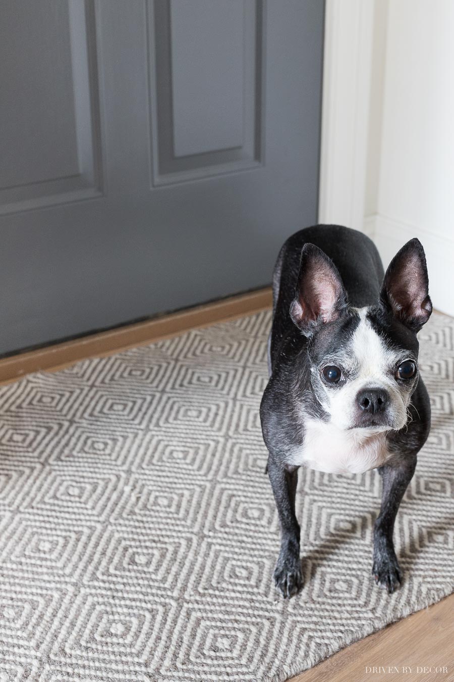 Love this gray and white geometric entryway rug!