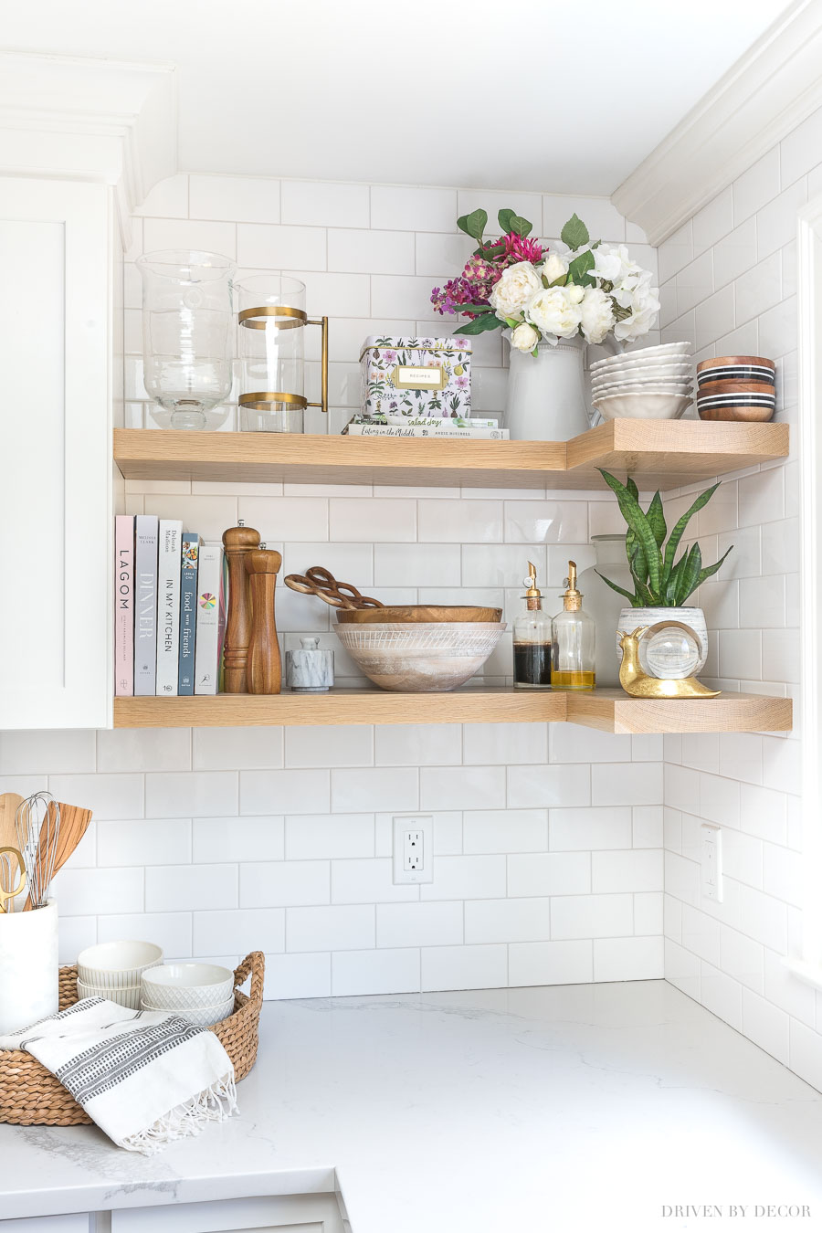 What we keep on the floating corner shelves in our kitchen!